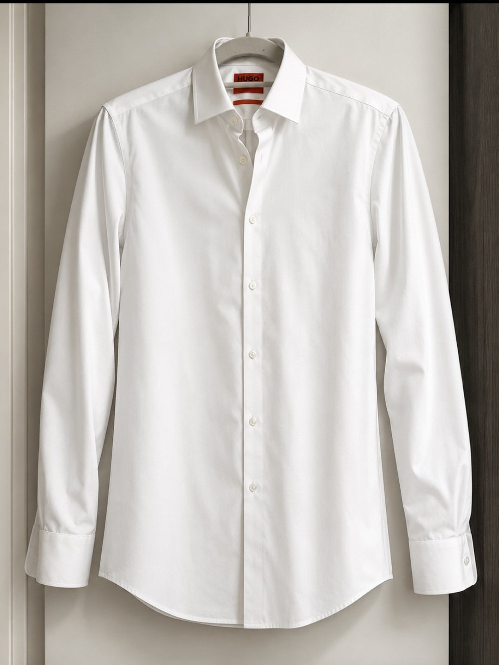 HUGO White Long-Sleeve Point Collar Dress Shirt